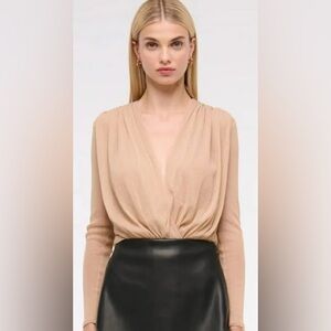 Abercrombie & Fitch Beige Twist-Front Long Sleeve Bodysuit